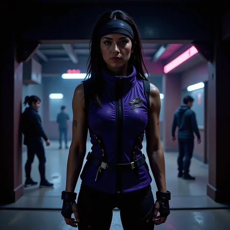 mad-cbrpnk-dtlr,  (silent ninja) korean young woman, curvy build, black hair, straight hair,  brown eyes, wearing a ninja wearing a ninja headband, shadow purple stealth ninja vest with black dragon motifs, stealth leggings, stealth shoes, leg wraps,, set ...