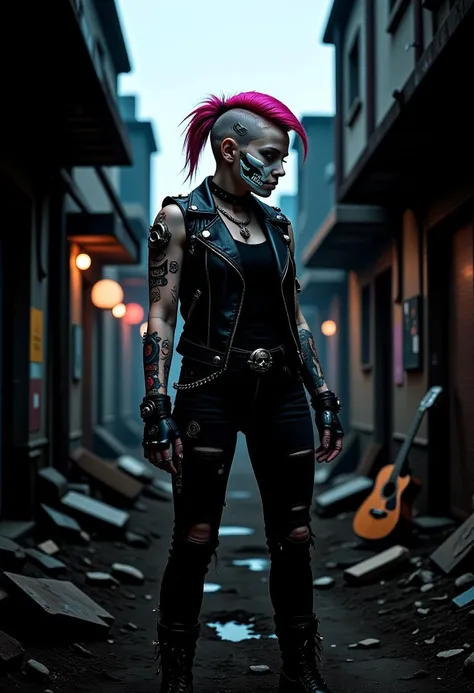 post-apocalyptic young woman with a punk aesthetic in a gritty urban environment, shaved left side and a mohawk styled on the ri...