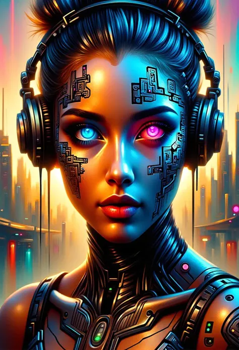 biopunk style, mad-llprm, amidst the vibrant atmosphere of an underground club, a young woman with cybernetic enhancements stand...