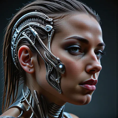 style of h. r. giger, portrait of a biomechanical cybernetic person,  fine silver wires threaded directly through flesh in grace...