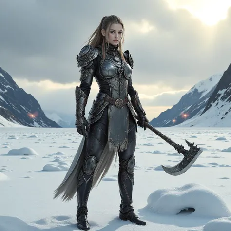 vikingpunk style, in the middle of an icy wasteland a futuristic viking warrior-princess stands tall, clad in a suit of advanced...