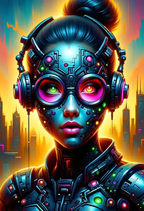 biopunk style, mad-llprm, amidst the vibrant atmosphere of an underground club, a young woman with cybernetic enhancements stand...