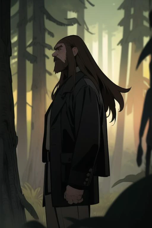 a man with long hair standing in a forest next to a tree