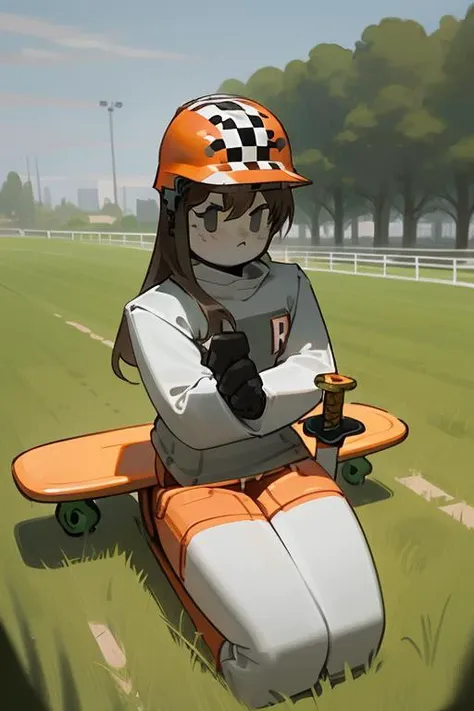 anime girl sitting on a skateboard in a field with trees