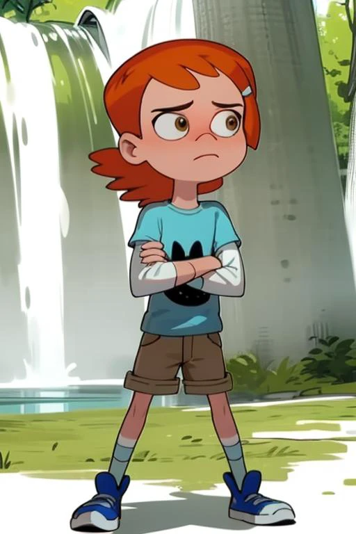 a cartoon boy standing in front of a waterfall with his arms crossed