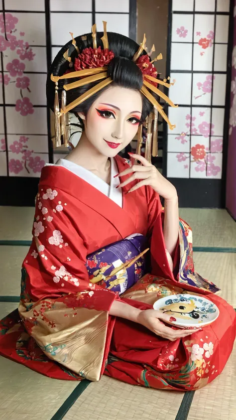 a close up of a woman in a kimono sitting on the floor