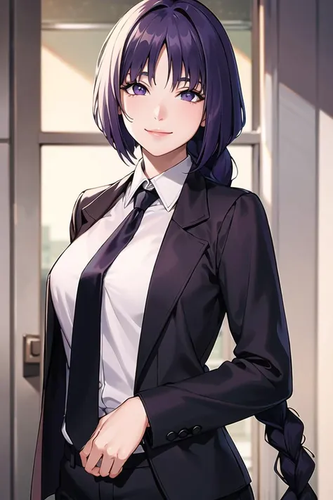 sumire kakei, purple hair,(single braid), lips, closed mouth, 1girl, solo, necktie, smile, (open jacket),black jacket,black suit, long sleeves, shirt tucked in,looking at viewer, shirt, black necktie, white shirt, medium breasts,window, formal,  light smil...