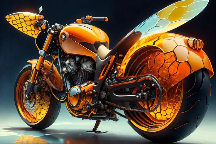 motorcycle, orange rims, hovering, scifi, simple background, <lora:HoneyTech-20:1> honeytech, honey, translucent, glass, patterned, insect, sharp, angular, faceted, (orange tires:1.3), solid rims, (masterpiece, best quality:1.3), depth of field, raytracing...