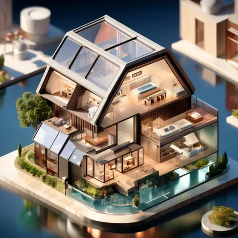 a close up of a house on a floating island with a pool