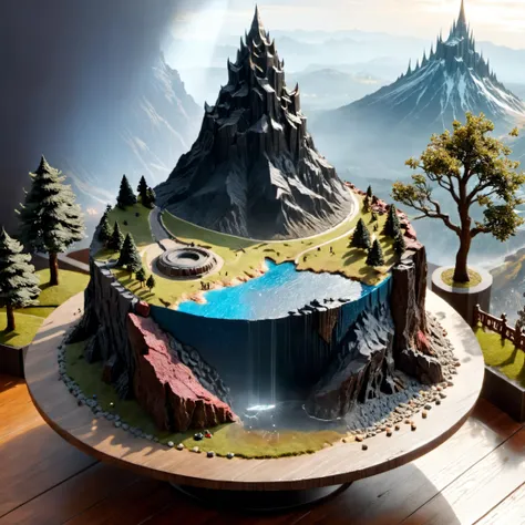 there is a cake with a waterfall and a mountain in the background