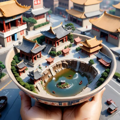 someone holding a bowl with a miniature model of a chinese city