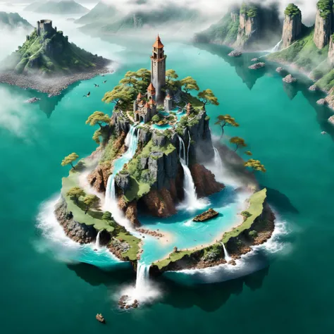 a large island with a waterfall and a castle on top of it