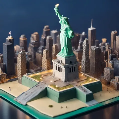 a close up of a model of a statue of liberty in a city