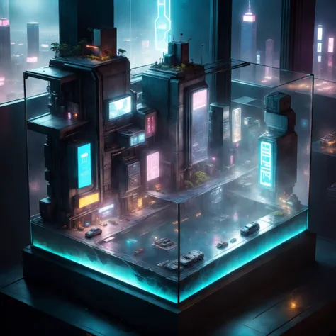 futuristic city with neon lights and a glass display case