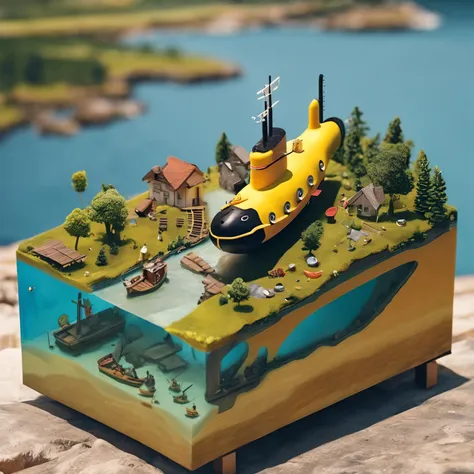 there is a yellow submarine that is sitting on a small island