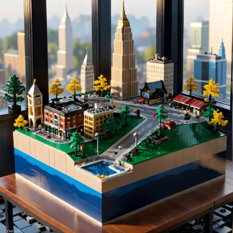 lego city with a bridge and a river in front of a window