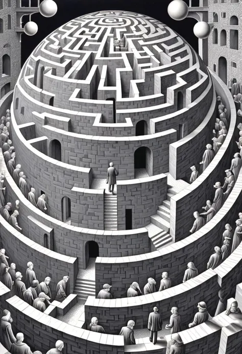 a black and white drawing of a maze with people inside