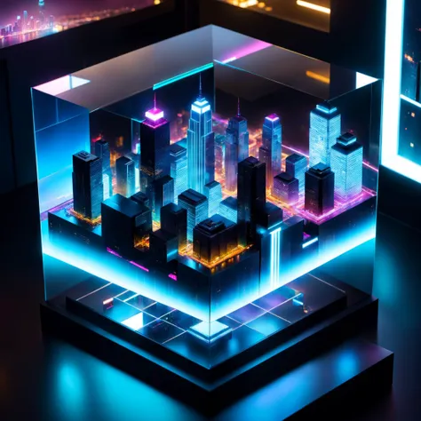 a close up of a display case with a city in the background