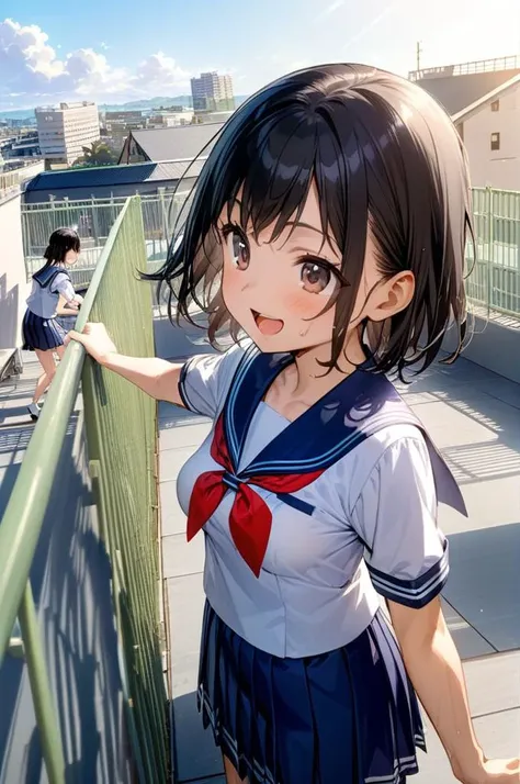 okujyou,outdoors,sunny,flare,building,window,fence,summer clouds,3girls,petite, rooftop, building,blackhair,from above,wide shot, small breasts,dynamic pose,sailor uniform,smile,sweat, bouncing breasts,<lora:XDetail_light:1.3>,masterpiece, best quality,ult...