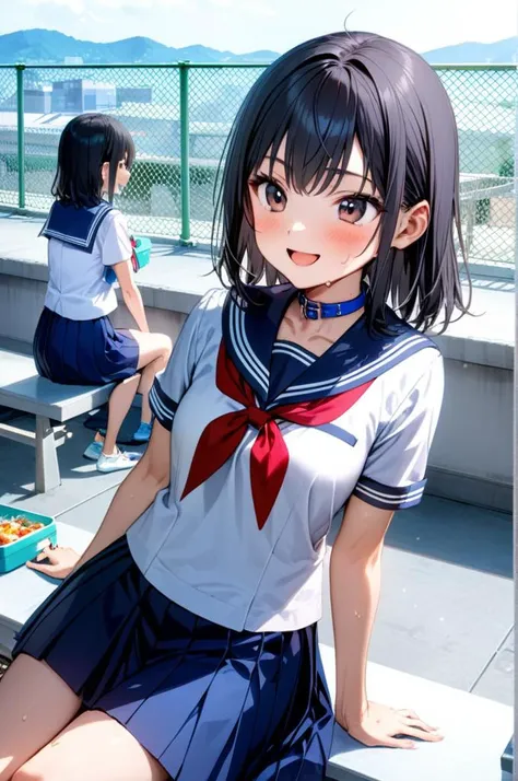 okujyou,outdoors,sunny,flare,building,chain-link fence,summer clouds,3girls, rooftop, building,blackhair,full body shot, small breasts,bench,sitting,lunchbox,sailor uniform,white shirt,short sleeve,blue collar,navy plits skirt,red ribbon,smile,sweat,<lora:...