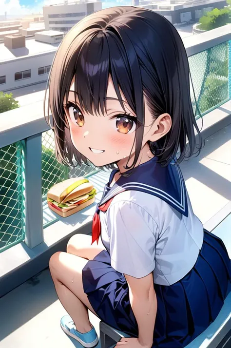 okujyou,outdoors,sunny,flare,building,chain-link fence,summer clouds,girl, rooftop, building,blackhair,full body shot, from above,small breasts,bench,sitting,lunchbox, sandwich,sailor uniform,white shirt,short sleeve,blue collar,navy plits skirt,red ribbon...