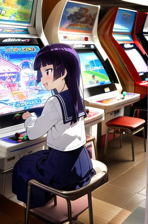 girl, petite,gokou ruri,street,town,sailor uniform,white shirt,wind,smile,red ribbon,game_center, japan, arcade cabinet, chair, ...