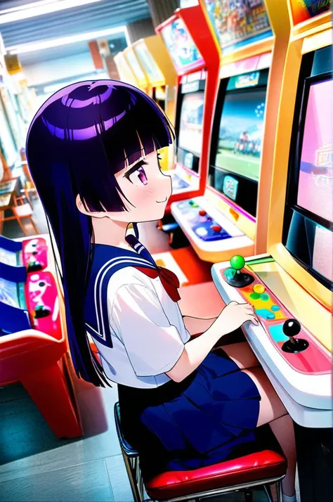 girl, petite,gokou ruri,street,town,sailor uniform,white shirt,wind,smile,red ribbon,game_center, japan, arcade cabinet, chair, ...