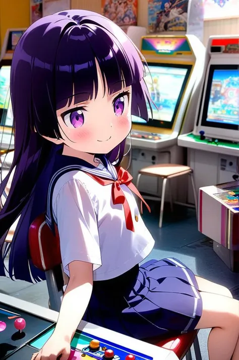 girl, petite,gokou ruri,street,town,sailor uniform,white shirt,wind,smile,red ribbon,game_center, japan, arcade cabinet, chair, ...