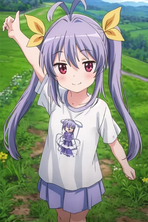 masterpiece, best quality,ultra detail,<lora:GoodHands-vanilla:0.8> <lora:anmnr01:0.3> <lora:add_detail:0.5>,1girl,from above,  petite,miyauchi_renge_nonnonbiyori <lora:miyauchi_renge_nonnonbiyori:0.7>,outdoor,country road,dynamic pose,smile,tshirts