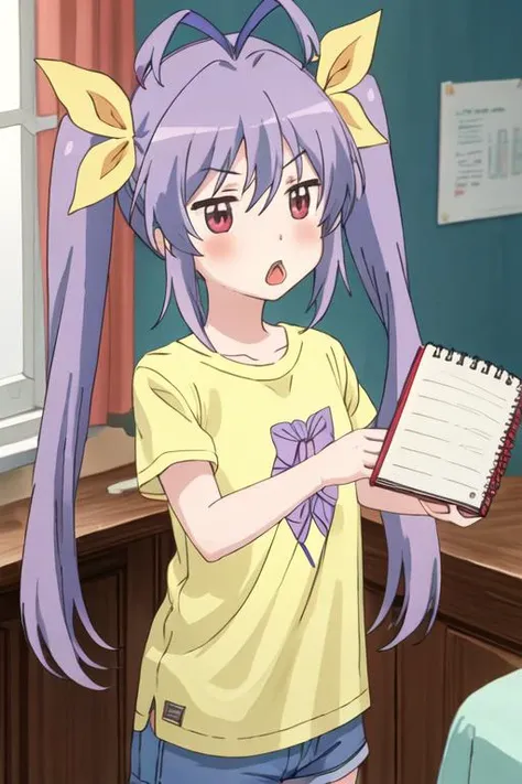 best quality, masterpiece, highres, solo, {miyauchi_renge_nonnonbiyori:1.15}, purple_hair, red_eyes, long_hair, twintails, ribbon, hair_ribbon, blush, antenna_hair, yellow_ribbon, hair_between_eyes, 1girl, holding, indoors, open_mouth, shirt, blue_shirt, c...