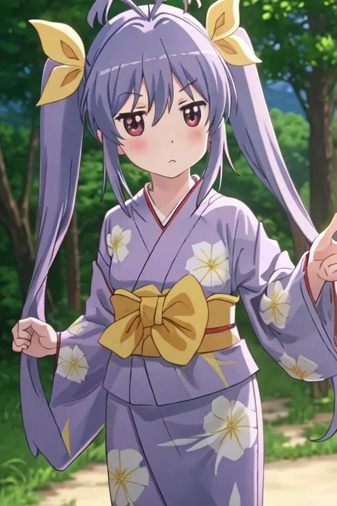 best quality, masterpiece, highres, solo, {yukata:1.40}, {kimono:1.20}, {miyauchi_renge_nonnonbiyori:1.15}, purple_hair, red_eyes, long_hair, twintails, ribbon, hair_ribbon, blush, antenna_hair, yellow_ribbon, hair_between_eyes