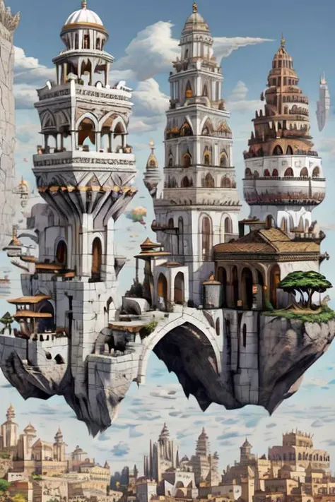 a painting of a castle floating in the air with a bridge