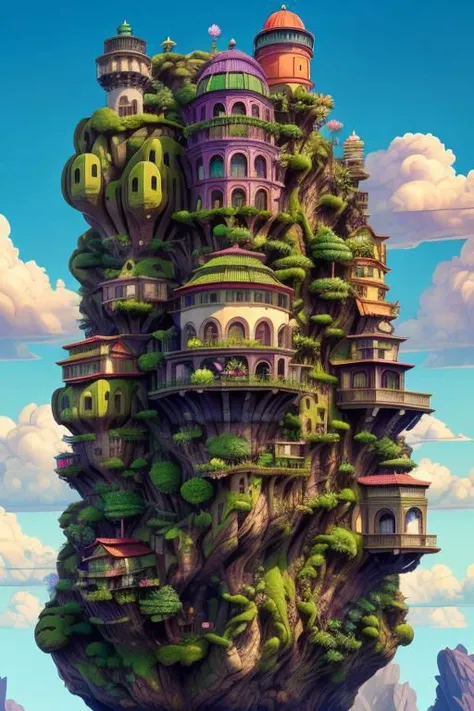 a very tall tree house with many windows and lots of trees