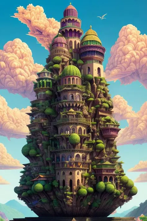 a painting of a castle in the sky with trees on top