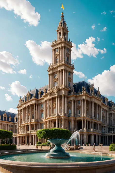 arafed building with a fountain in front of it and a clock tower