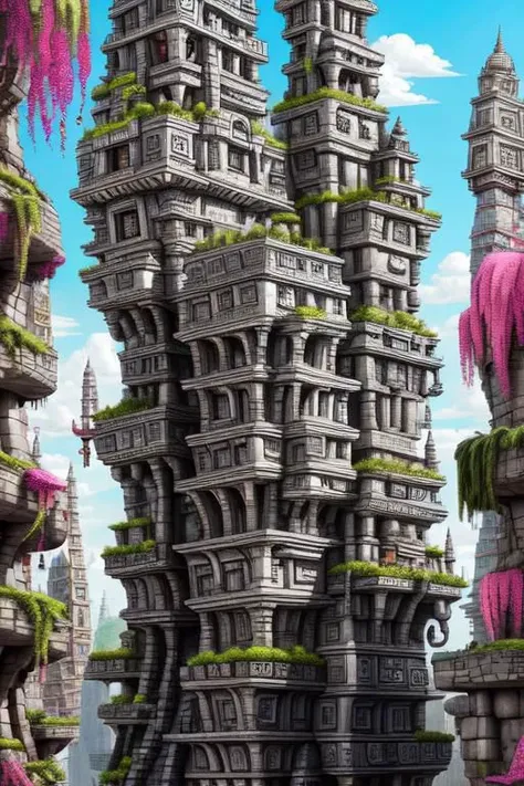 StackedCityAI, maya_mase stacked buildings, stone stairs, monumental columns, fantasy shiny gray skyscrapers, detailed, vibrant, bizarre high walls, wide street, arcs, carved stone, no humans, masterpiece, best quality, geometric