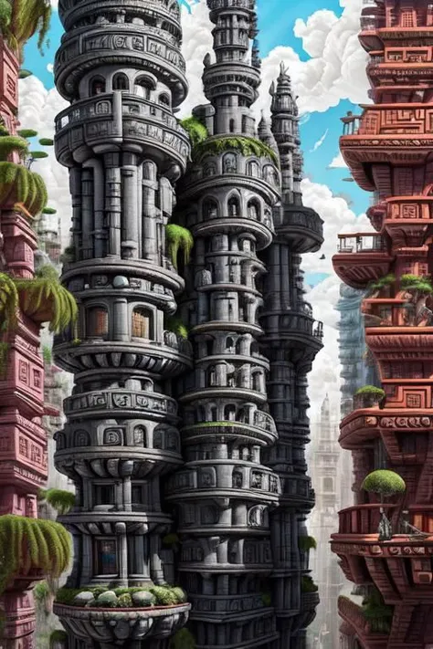 StackedCityAI, maya_mase stacked buildings, stone stairs, balconies, monumental columns, fantasy shiny gray skyscrapers, wide street, detailed, vibrant, bizarre high walls, arcs, carved stone, no humans, masterpiece, best quality, geometric