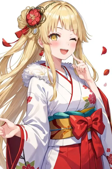 best quality, masterpiece, highres, solo, {tsurumaki_kokoro_bangdream:1.15}, blonde_hair, bangs, long_hair, yellow_eyes, smile, blush, open_mouth, :d, 1girl, bow, flower, fur_collar, hair_bow, hair_flower, hair_ornament, japanese_clothes, kimono, looking_a...