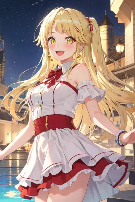 best quality, masterpiece, highres, solo, {tsurumaki_kokoro_bangdream:1.15}, blonde_hair, bangs, long_hair, yellow_eyes, smile, blush, open_mouth, :d