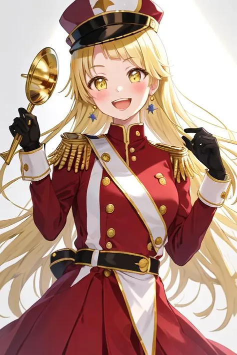 best quality, masterpiece, highres, solo, {tsurumaki_kokoro_bangdream:1.15}, blonde_hair, bangs, long_hair, yellow_eyes, smile, blush, open_mouth, :d, 1girl, band_uniform, epaulettes, hat, looking_at_viewer, shako_cap, sleeveless, sash, upper_body, wrist_c...