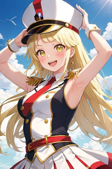 best quality, masterpiece, highres, solo, {tsurumaki_kokoro_bangdream:1.15}, blonde_hair, bangs, long_hair, yellow_eyes, smile, blush, open_mouth, :d, 1girl, armpits, band_uniform, epaulettes, hat, looking_at_viewer, shako_cap, sleeveless, sleeveless_shirt...