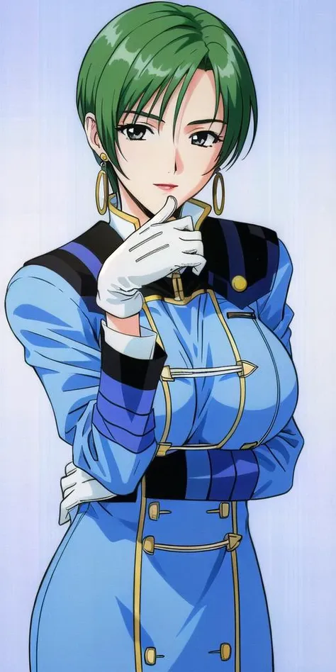 a woman in a blue uniform with green hair and white gloves