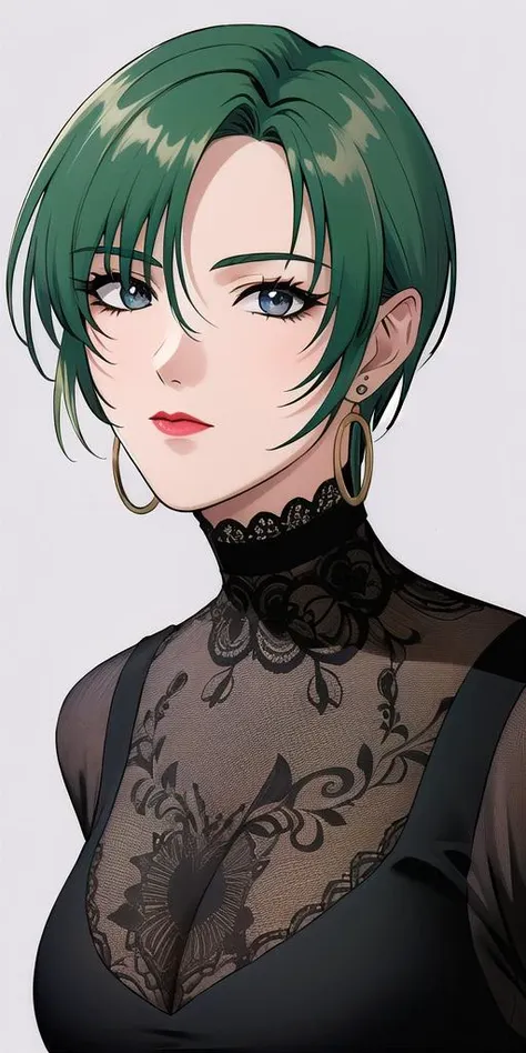 a woman with green hair and a black top is staring at the camera