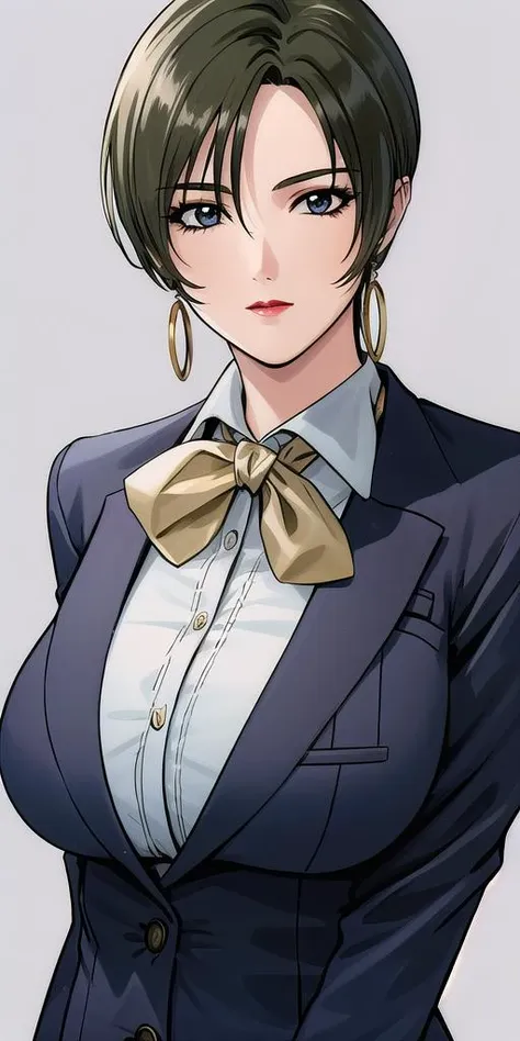 a close up of a woman in a suit and bow tie