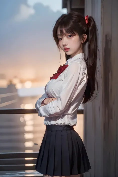 <lora:izm:1>looking at viewer, 
1girl, simple background, white background, full body, standing, hand on own hip, 
Red eyes, Brown hair,bangs,long hair,Single side ponytail, hair ornament,large breasts,school_uniform,red_bowtie,Orange_jacket, pleated_skirt...