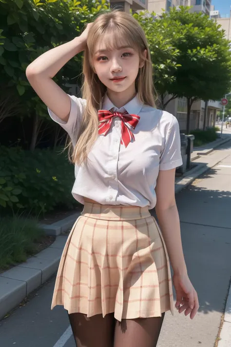 <lora:zyc_mhr:1>
1girl, outdoors, street, cityscape, walking, adjusting hair, 
aamahiru,blonde hair, long hair, red bowtie, white shirt, short sleeves, plaid skirt, brown skirt, pantyhose
 <lora:qqq-sexypantyhose-v1:0.8>      pantyhose
<lora:panties_under_...