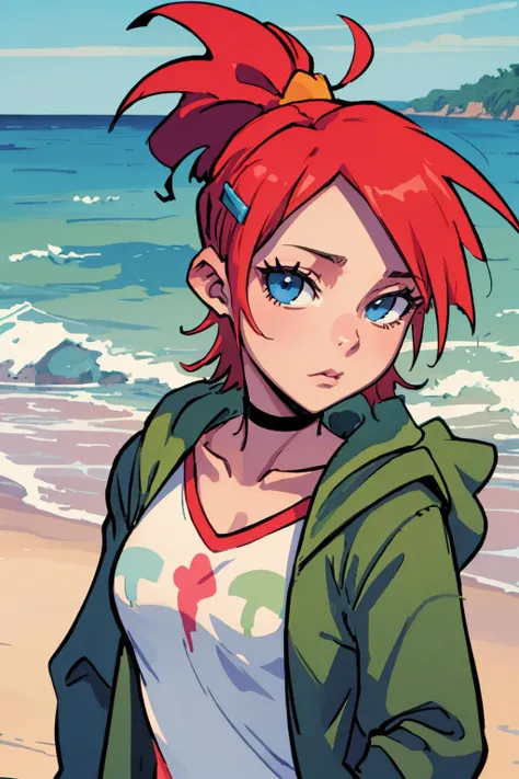 a woman with red hair and blue eyes standing on a beach