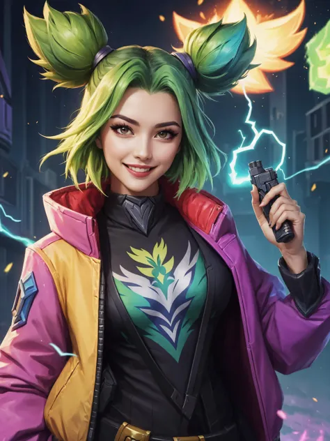 1girl, green hair, <lora:Zeri:1.0> zeri (league of legends), holding a pistol, bomber jacket, electrocute, electricity, skyscraper in background, light smile, (colorful:1.6), intricate details, high quality, best quality, masterpiece, 8k, uhd