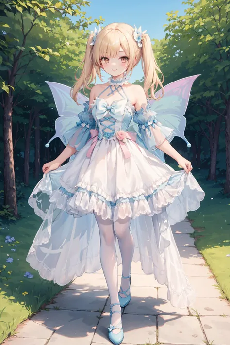 (full body:1.2),smile,white pantyhose,
1girl,solo,<lora:twinyuki:0.6> tt,blonde hair,twintails,(blonde eyes:1.2),twintails,
outdoors,liquid blue sky,standing on one leg,
 <lora:butterfly_v1.5:0.8>,dress bow,layered dress,choker,butterfly wings,hair flower,...