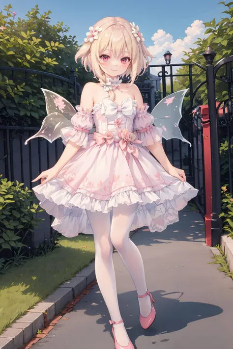 (full body:1.2),smile,white pantyhose,
1girl,solo,  <lora:usami2:0.6>,usamia,blonde hair, short hair,braid,rabbit ears, red eyes,
outdoors,liquid blue sky,standing on one leg,pink shoes,
 <lora:butterfly_v1.5:0.8>,dress bow,layered dress,choker,butterfly w...